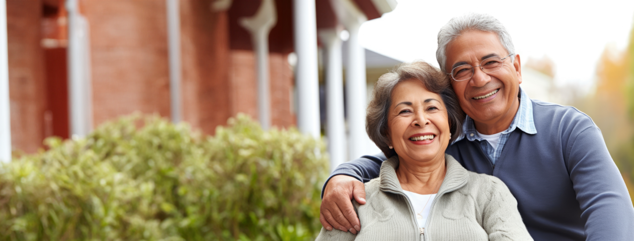 Man with arm around woman's shoulder, both are smiling.